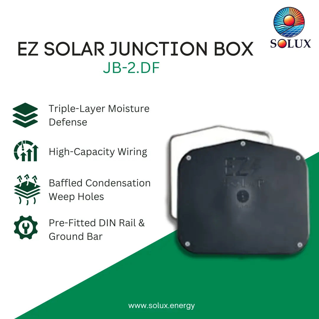 SOLUX EZ Solar Junction Box JB-2.DF product graphic on a white and green background, showing the black junction box with feature callouts including triple-layer moisture defense, high-capacity wiring, and baffle condensation weep holes.